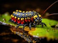 Black caterpillar with yellow spots and red head on leaf in