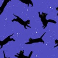 Black cats in blue night sky background. Seamless pattern. Vector illustration Royalty Free Stock Photo