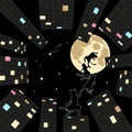 Black cats climb up to the full moon. Night sky, stars. Skyscrapers with lighted windows. Abstract flat style illustration Royalty Free Stock Photo