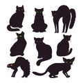 Black cats collection isolated on white background. Witch pet. Vector illustration in cartoon