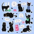 Black cats funny patches. Black cats trendy sticker pack, with fun quote in bubble speech with different emotions Royalty Free Stock Photo