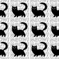 Black cats and kittens silhouettes with meow words on white background . Seamless pattern, vector