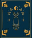 Black cats, night sky with moon and stars. Frame for sample text. Magic, occult symbols.