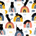 Black cats and rainbows fantasy seamless pattern
