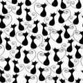 Black cats sitting, with curled tails on a white background. Hand-drawn illustration. Seamless pattern. Doodle style. For printing Royalty Free Stock Photo