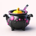 Black Cauldron with orange pumpkin or fairy witching toxic poison soup. Object for Halloween, horror or fantastic themes