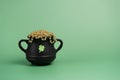 Black cauldron pot with a glitter clover and gold beads on green background Royalty Free Stock Photo