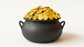 Black cauldron pot overflowing gold coins on pure white background Royalty Free Stock Photo