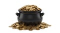 Black cauldron pot overflowing gold coins on pure white background Royalty Free Stock Photo