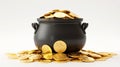 Black cauldron pot overflowing gold coins on pure white background Royalty Free Stock Photo