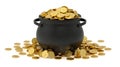 Black cauldron pot overflowing gold coins on pure white background Royalty Free Stock Photo