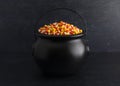 Black Cauldron For Witches FIlled with Candy Corn Royalty Free Stock Photo