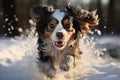 Black Cavalier King Charles dog running in the snow