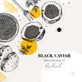 Black caviar canape with lemons and spices banner design. Canned seafood sketches. Vector illustration in collage style