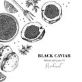 Black caviar canape with lemons and spices banner design. Canned seafood sketches. Vector illustration in vintage style