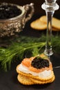 Black caviar on crackers with salmon and cream cheese, served with champagne Royalty Free Stock Photo