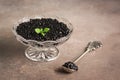 Black caviar with in a glass bowl on a dark table, caviar in a spoon, selective focus. Royalty Free Stock Photo