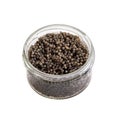 Black caviar in glass can isolated on white background. Sturgeon caviar