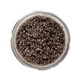 Black caviar in glass can isolated on white background. Sturgeon caviar. Top view Royalty Free Stock Photo