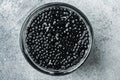 Black Caviar, on gray background, top view flat lay Royalty Free Stock Photo