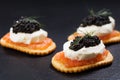 Black caviar served on crackers with salmon and cream cheese Royalty Free Stock Photo