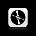 Black CD or DVD disk icon isolated on black background. Compact disc sign. Silver square button. Vector Royalty Free Stock Photo