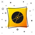 Black CD or DVD disk icon isolated on white background. Compact disc sign. Yellow square button. Vector Royalty Free Stock Photo