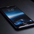 A black cellphone on a black background with a blue lock screen