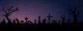 Black cemetery silhouette, tombstones, flying bats
