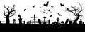 Black cemetery silhouette, tombstones, flying bats