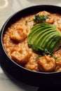 Black ceramic bowl filled with succulent shrimp risotto and diced avocado on marble counter top