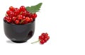 Black ceramic cup with bright bunches of ripe currants on white, isolated, place for text