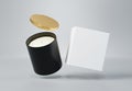 Black ceramic glass jar candle with gold lid and box 3D render mockup