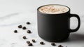 Black ceramic mug containing a foamy cappuccino sprinkled with cinnamon sits on a white marble countertop, surrounded by