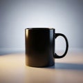 Black ceramic mug on a smooth surface, illuminated by soft lighting. The mug has a cylindrical Royalty Free Stock Photo