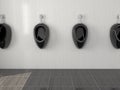 Black ceramic urinals hanging on the wall in public toilet. Front view. 3d rendering illustration