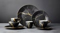 Black Ceramic ware service repaired using japanese Kintsugi or Kintsukuroi technique emphasizing the cracks with golden joinery.