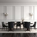 Black chairs and wooden dining table against of classic white paneling wall. Interior design of modern dining room. 3d rendering Royalty Free Stock Photo