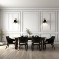 Black chairs and wooden dining table against of classic white paneling wall. Interior design of modern dining room. 3d rendering Royalty Free Stock Photo