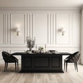 Black chairs and wooden dining table against of classic white paneling wall. Interior design of modern dining room. 3d rendering Royalty Free Stock Photo