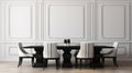 Black chairs and wooden dining table against of classic white paneling wall. Interior design of modern dining room. 3d rendering Royalty Free Stock Photo