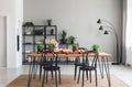 Black chairs and wooden table with food on brown carpet in grey dining room interior Royalty Free Stock Photo