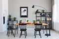 Black chairs at wooden table with food in grey dining room interior with poster and lamp Royalty Free Stock Photo