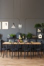 Black chairs at wooden table in grey dining room interior with l Royalty Free Stock Photo