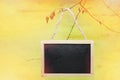 Black chalk board hanging from a tree on yellow, bright background Royalty Free Stock Photo