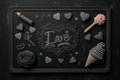 Black chalk board with love written with chalk, Generative AI Royalty Free Stock Photo