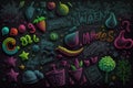 black chalkboard background with a colorful and playful doodle