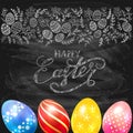Black chalkboard background with Happy Easter and decorative egg