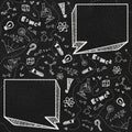 Black chalkboard and school theme doodles with two empty speech bubbles Royalty Free Stock Photo