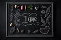 Black chalkboard for text with word love and romantic drawings, Generative AI Royalty Free Stock Photo